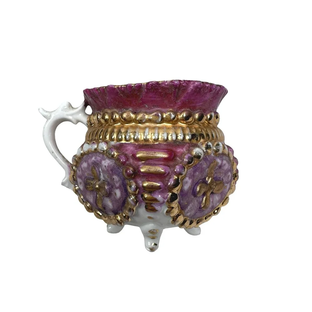 Vintage Porcelain Footed Demitasse 2 Cups Pink Blue Gold Victorian Style Lot 2